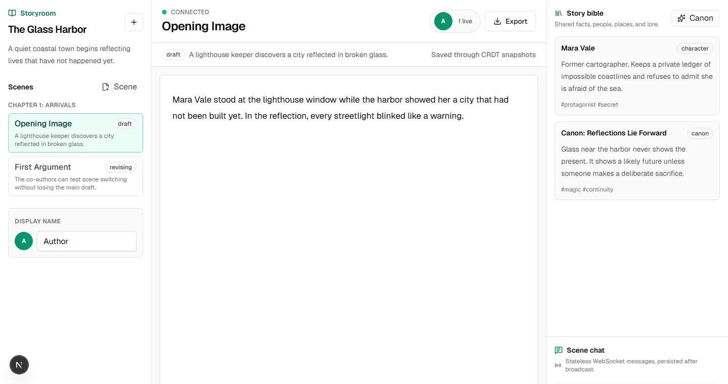 Storyroom workspace with the manuscript editor, story bible and scene chat